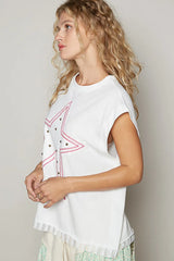 POL Star Patch Studded Sleeveless T-Shirt with Lace Hem OutfitFlow