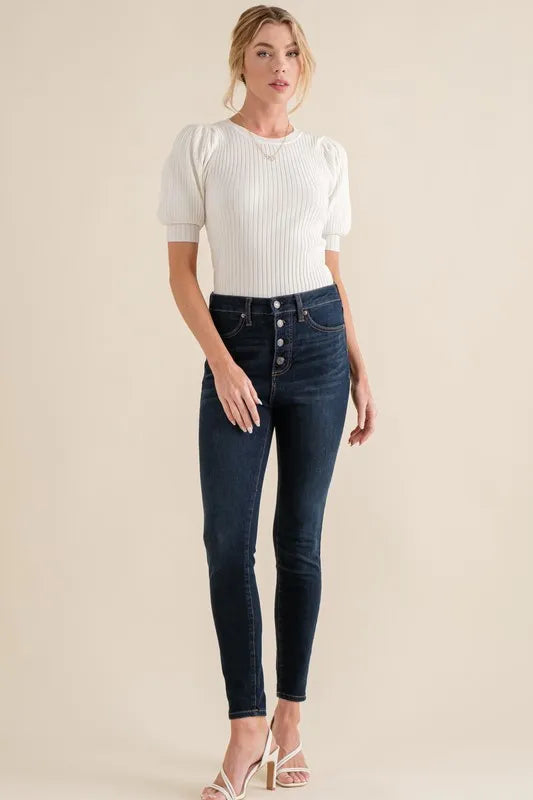 And The Why Puffed Half Sleeve Rib Basic Bodysuit OutfitFlow