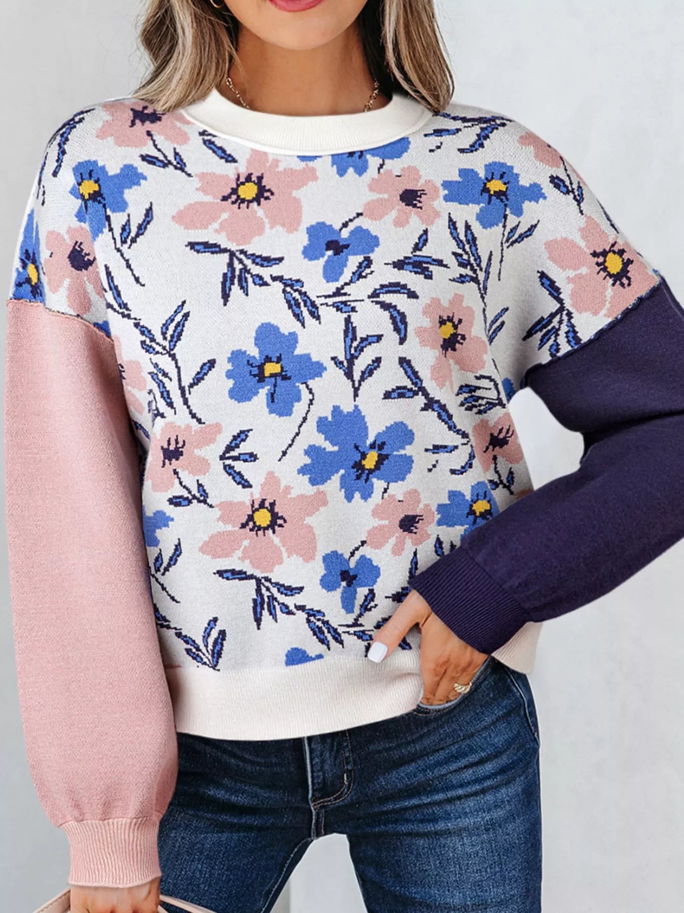 Floral Panel Colorblock Sleeve Patchwork Sweater Floral OutfitFlow