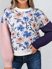 Floral Panel Colorblock Sleeve Patchwork Sweater Floral OutfitFlow