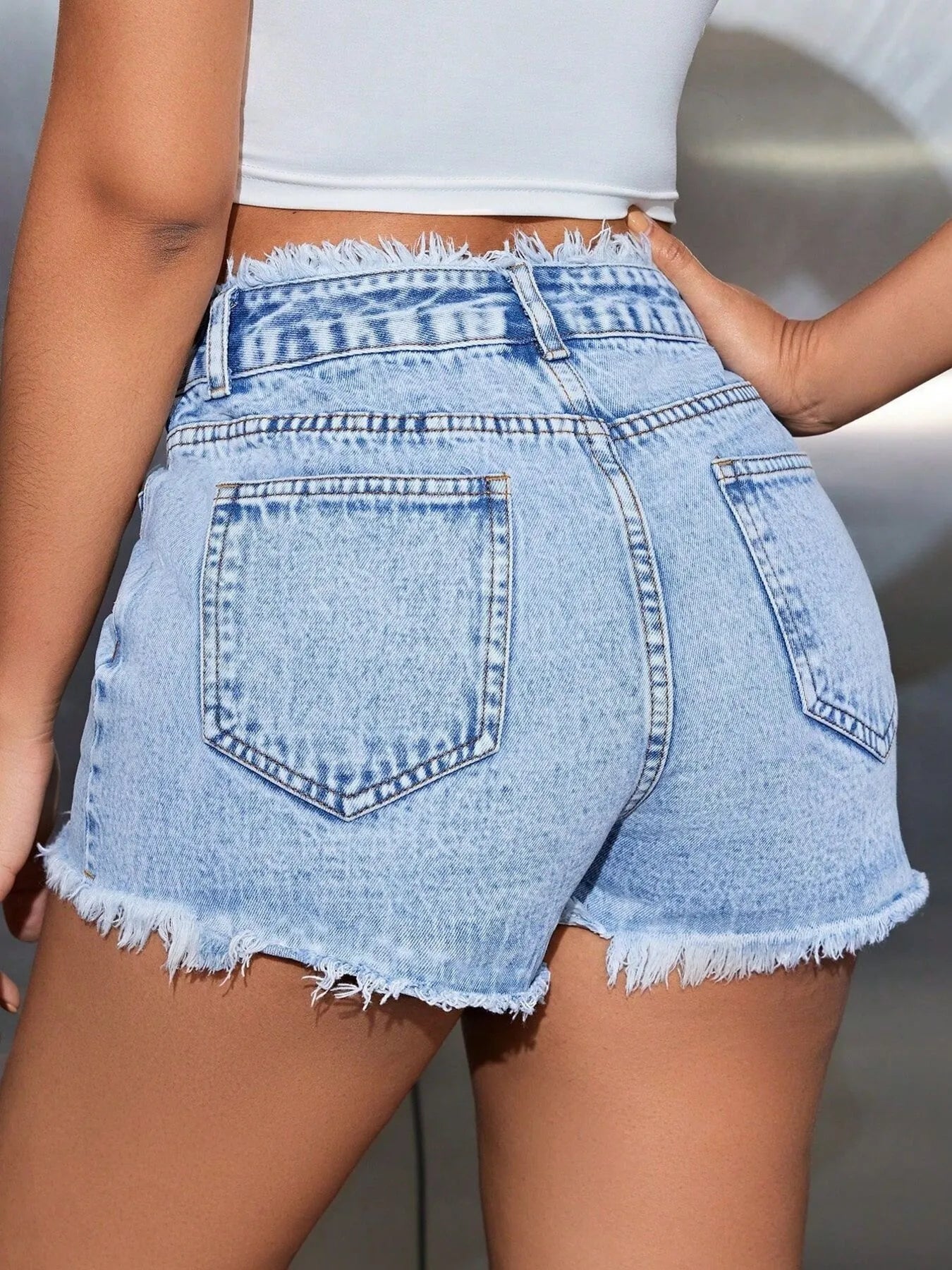 High Waisted Frayed Hem Denim Shorts OutfitFlow