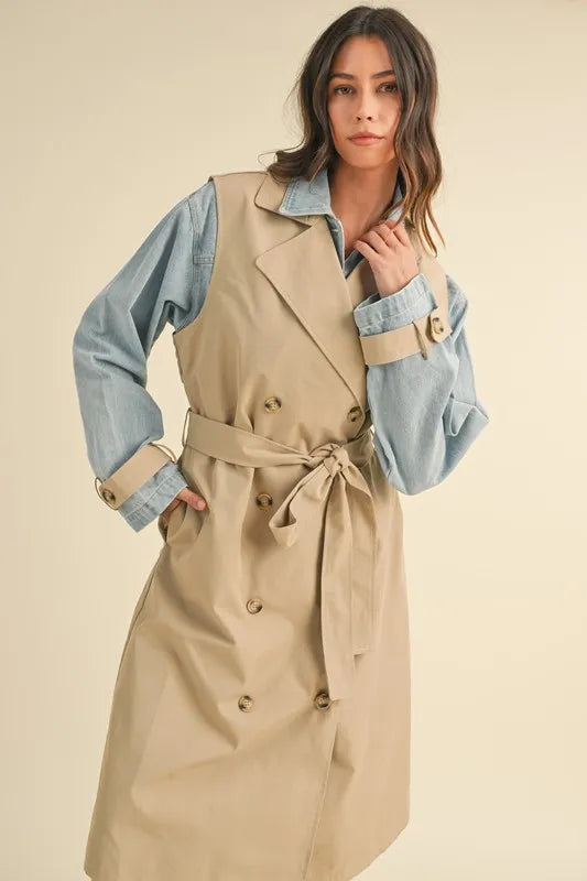 MABLE Layered Look Trench Coat With Denim Jacket Trendsi