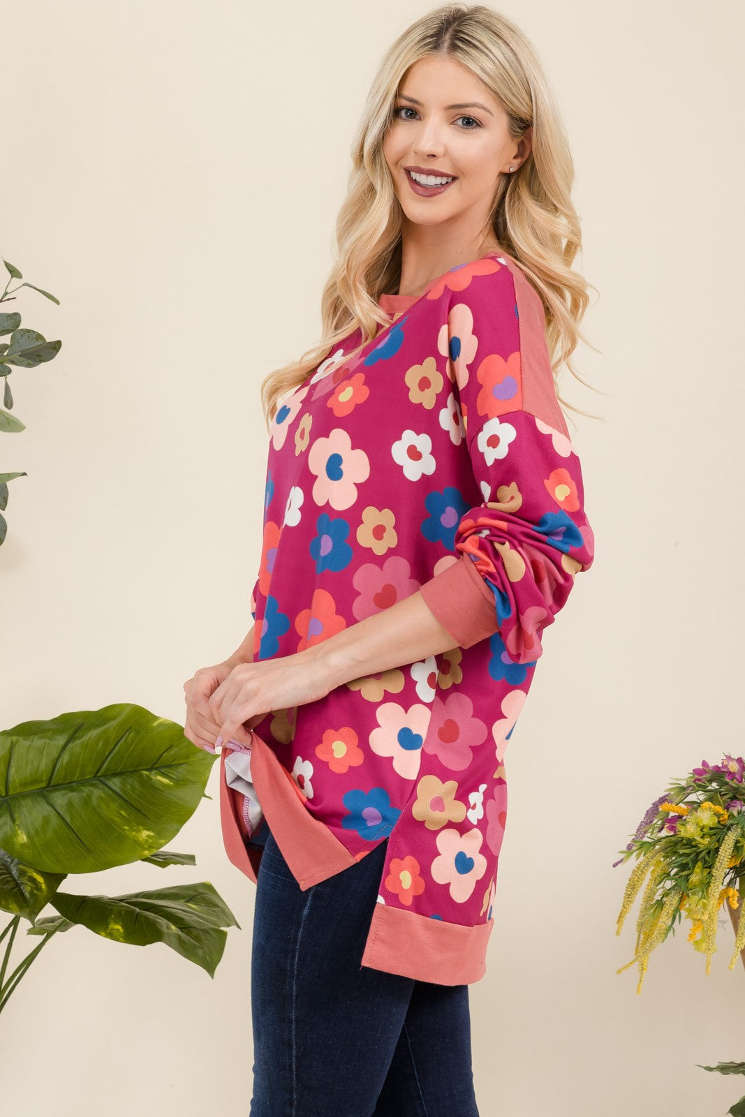 Outfit Flow - Celeste Full Size Side Slit Flower Print Long Sleeve Top