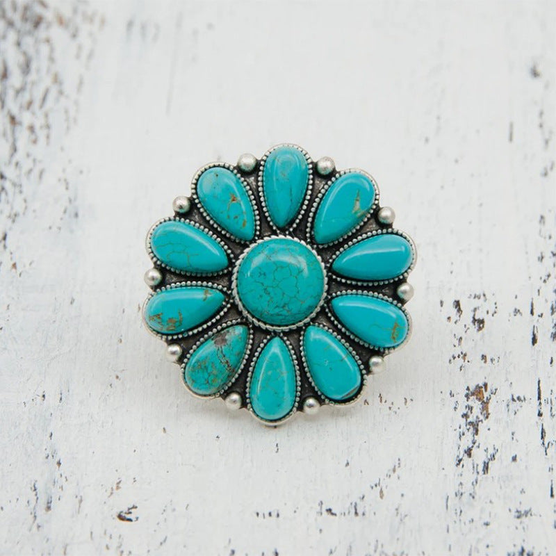 Outfit Flow - Artificial Turquoise Alloy Flower Ring