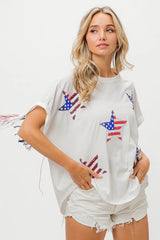 BiBi American Flag Sequin Star Fringe Top OutfitFlow