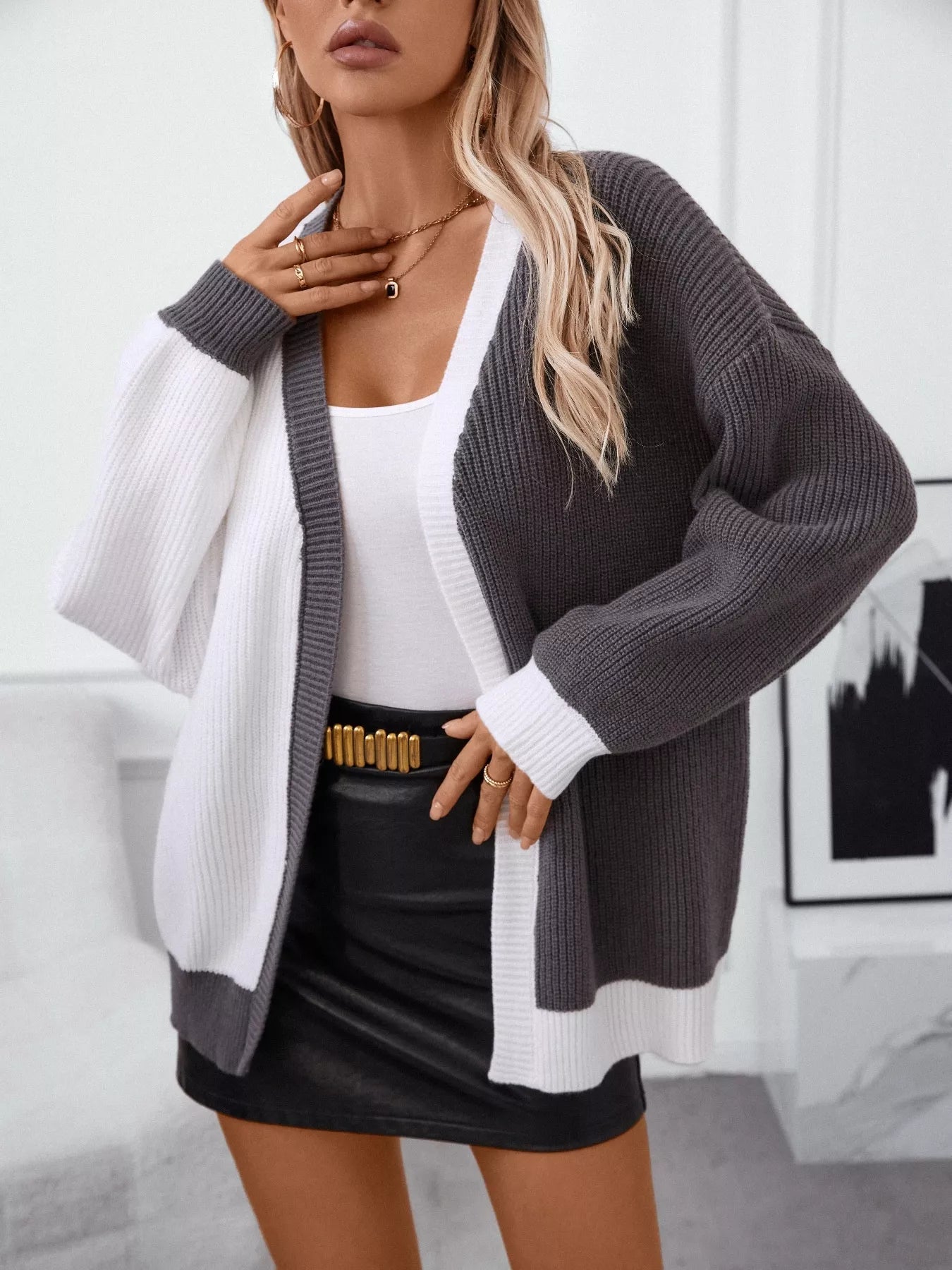 Color Block Open Front Knit Cardigan Trendsi