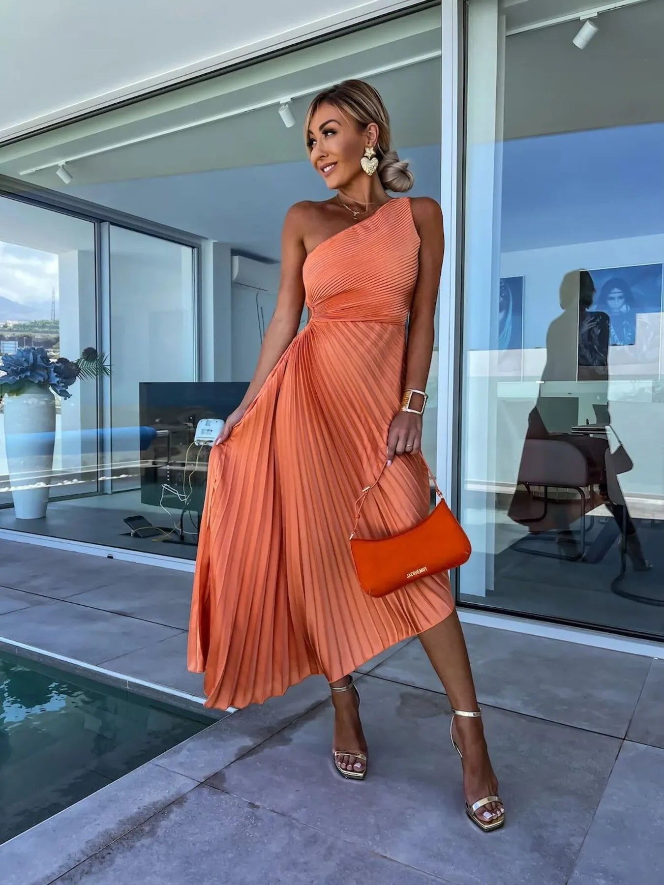 Full Size Single Shoulder Pleated Midi Dress Plus Size OutfitFlow