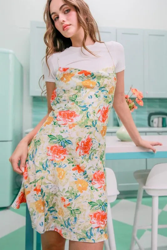 HYFVE Floral Cowl Neck Flirty Satin Mini Dress OutfitFlow
