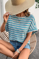 Multicolour Striped Wide Sleeve Loose T Shirt OutfitFlow
