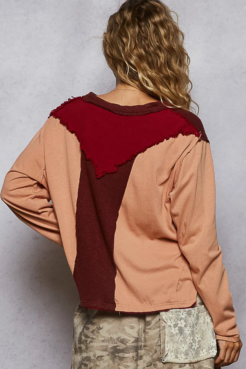 POL Color Block Notched Long Sleeve T-Shirt OutfitFlow