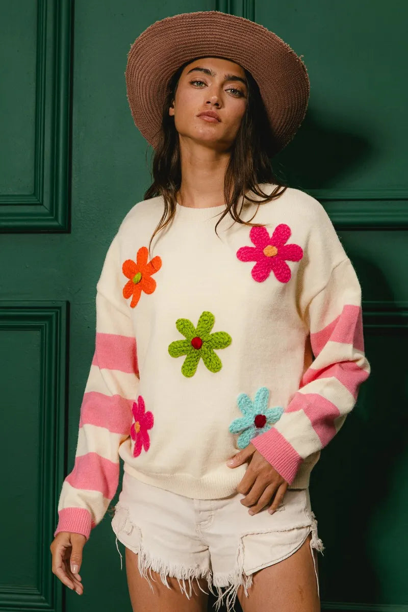 BiBi Colorful Floral Patched Sweater with Striped Sleeve OutfitFlow