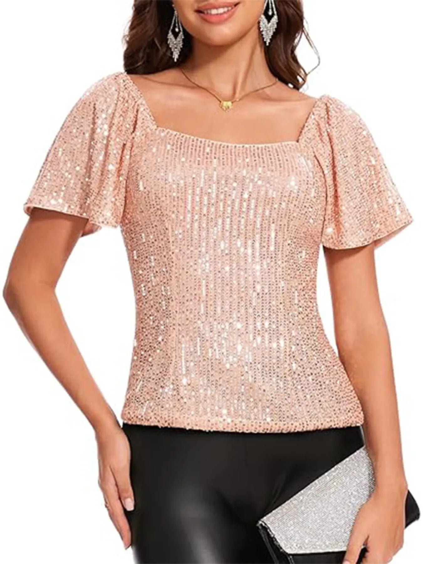 Square Neck Sequin Short Sleeve Blouse OutfitFlow