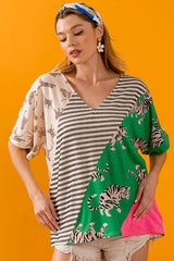 BiBi Tiger W Stripe Contrast Color Block V Neck Top LT.TAUPE GREEN OutfitFlow