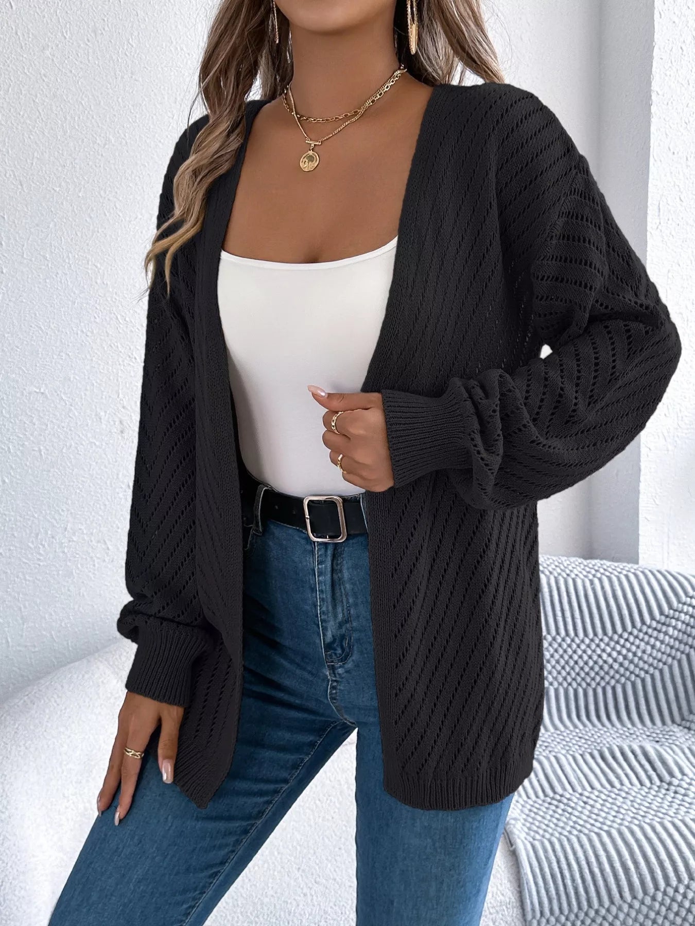 Openwork Open-Front Long Sleeve Cardigan OutfitFlow