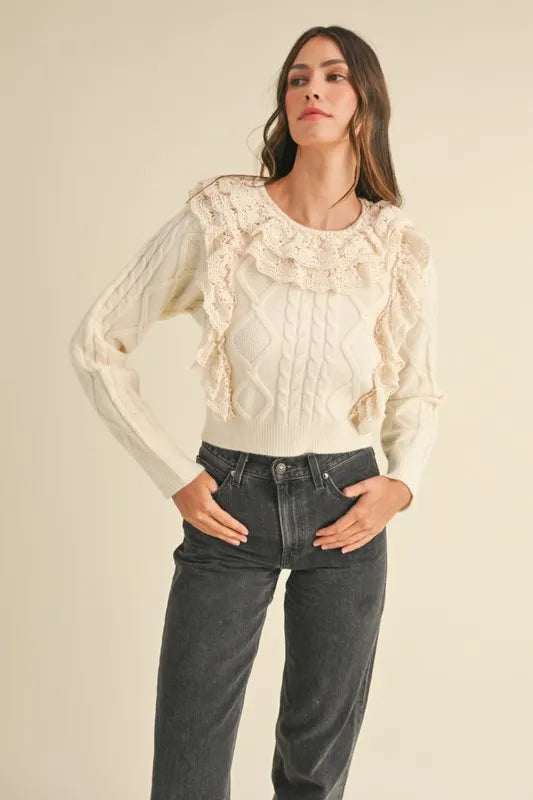 MABLE Ruffled Lace Crochet Sweater Trendsi