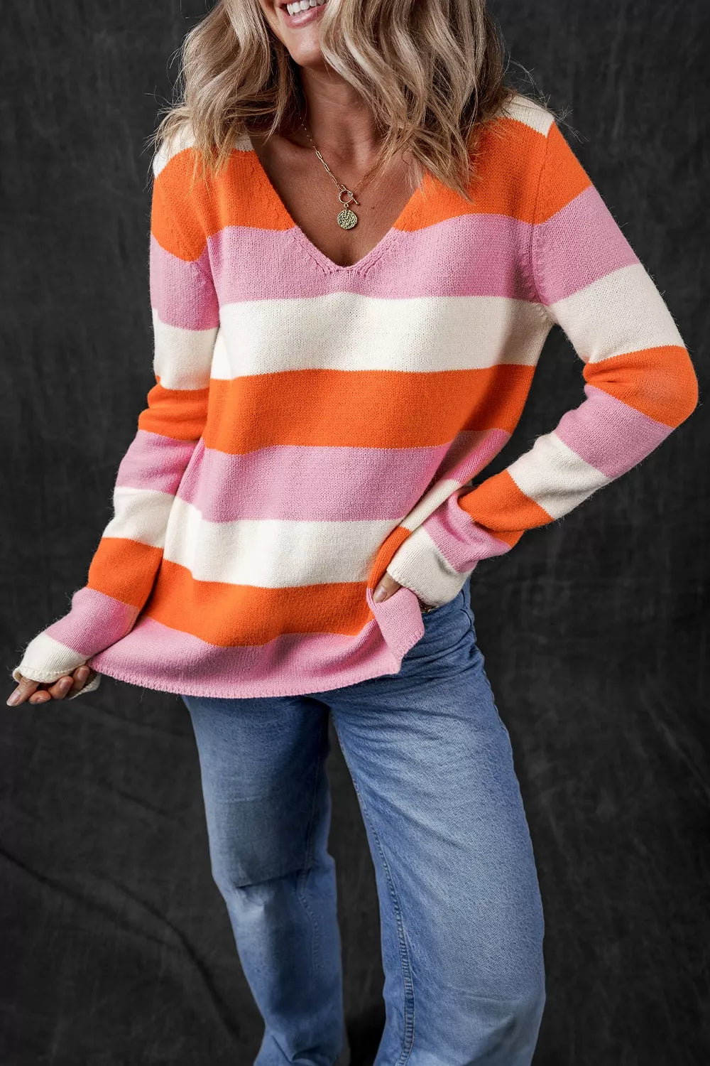 V-Neck Striped Color Block Knit Top OutfitFlow