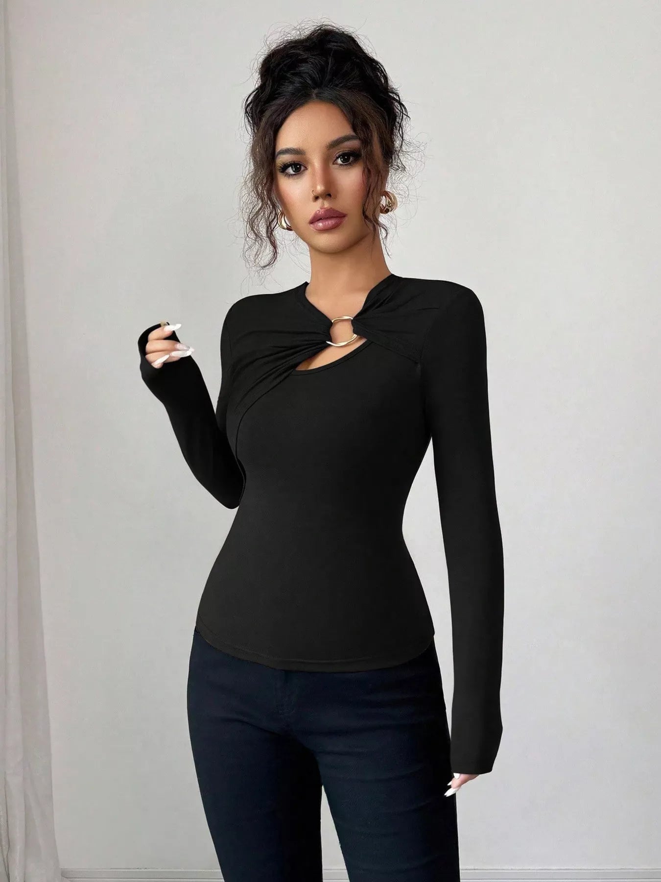 Twist Front Ring Detail Long Sleeve T-Shirt OutfitFlow