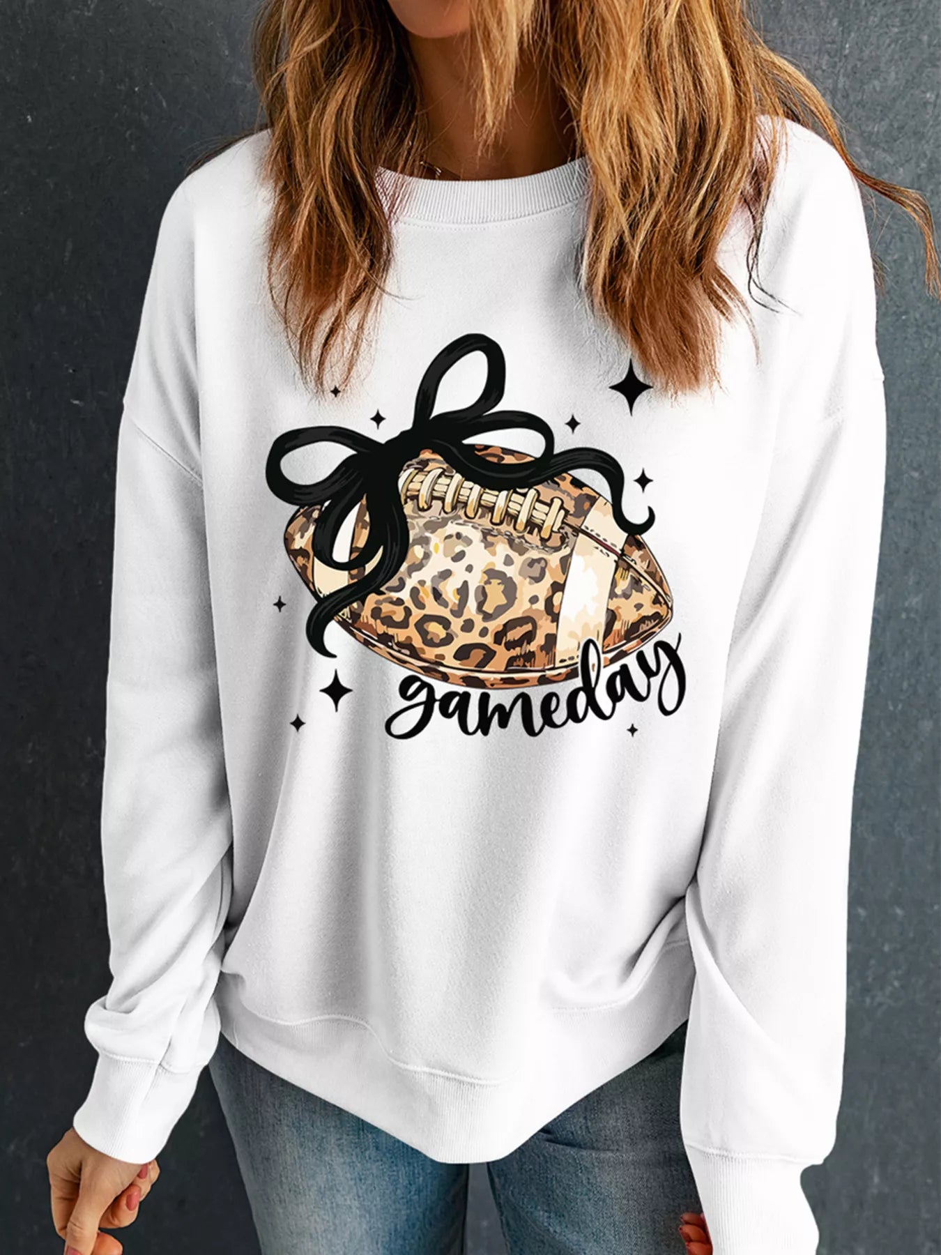 Game Day Leopard Rugby Graphic Customized Crew Neck Sweatshirt White Trendsi