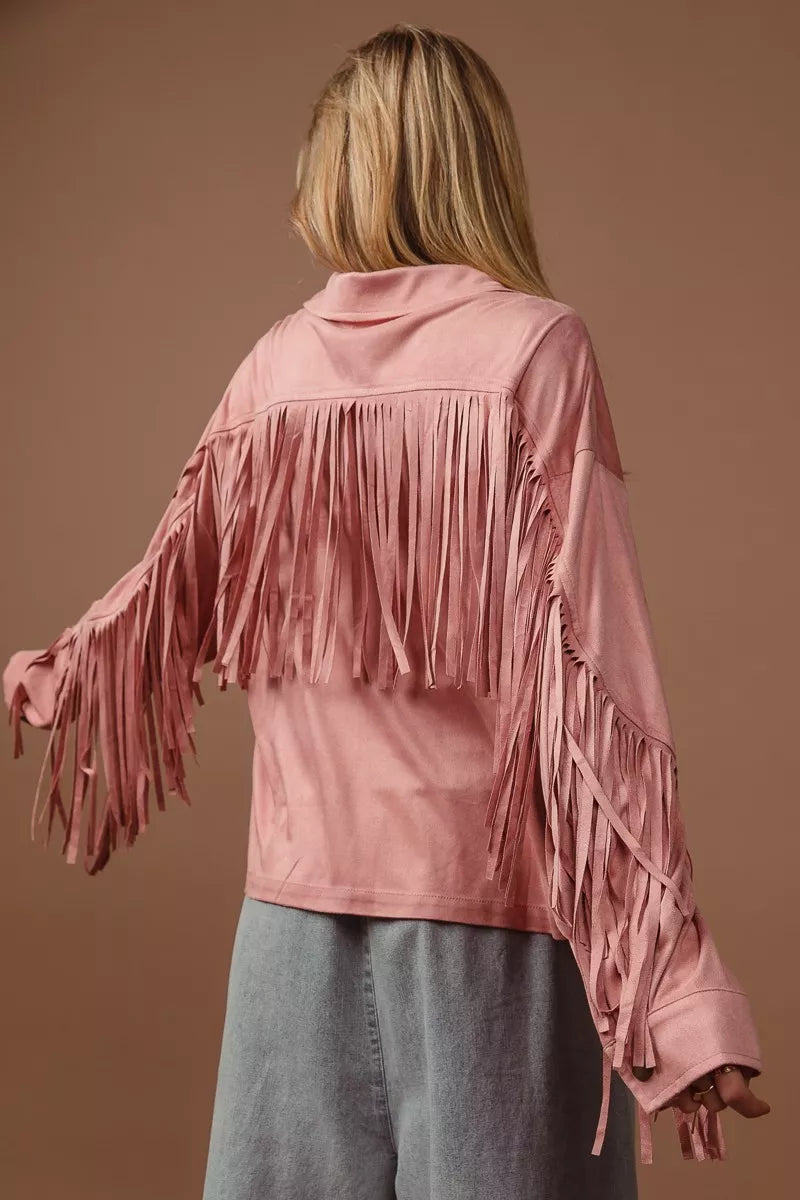 BiBi Suede Fringe Long Sleeve Jacket OutfitFlow