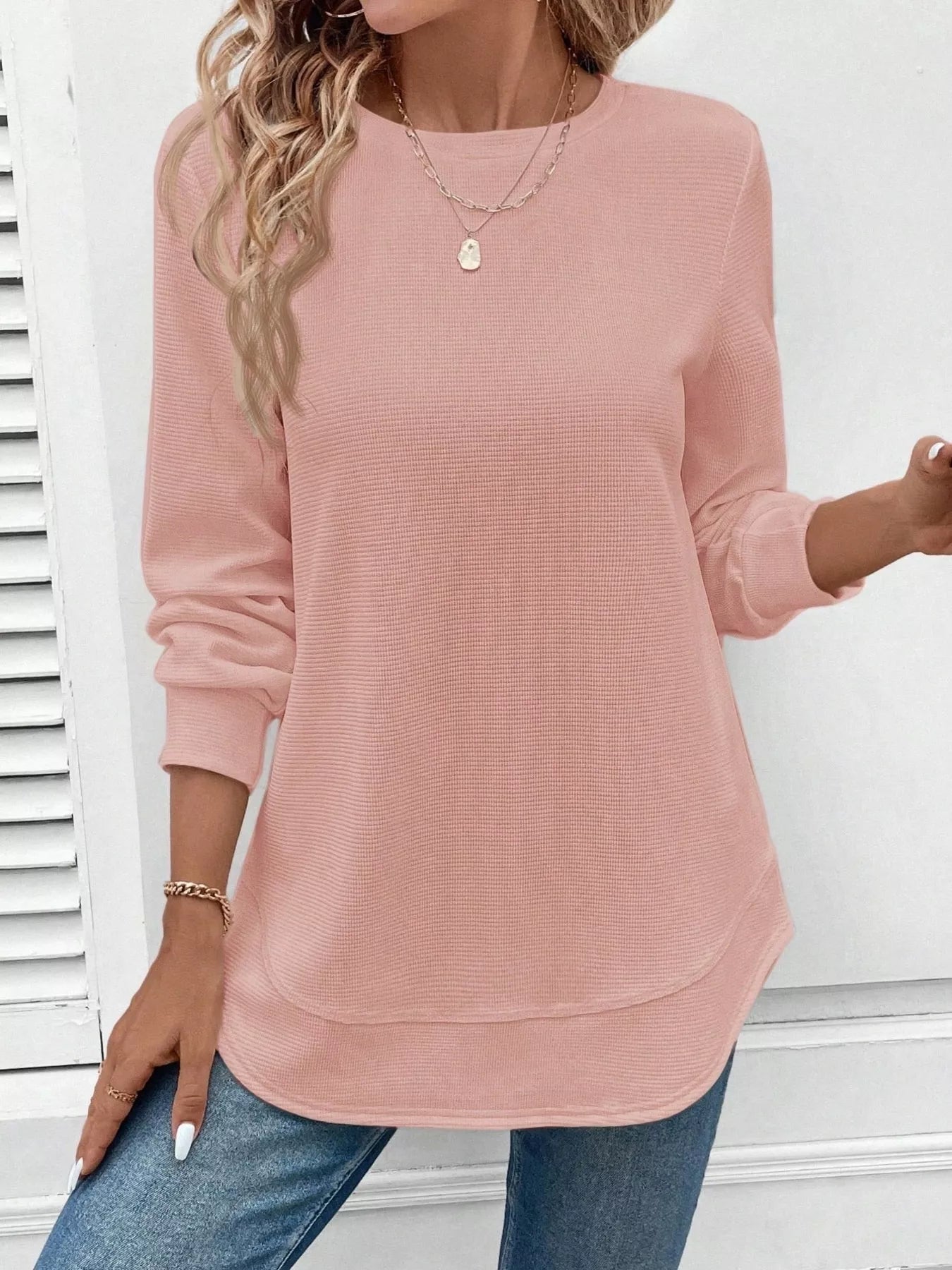 Casual Texture Knit Long Sleeve T-Shirt Trendsi