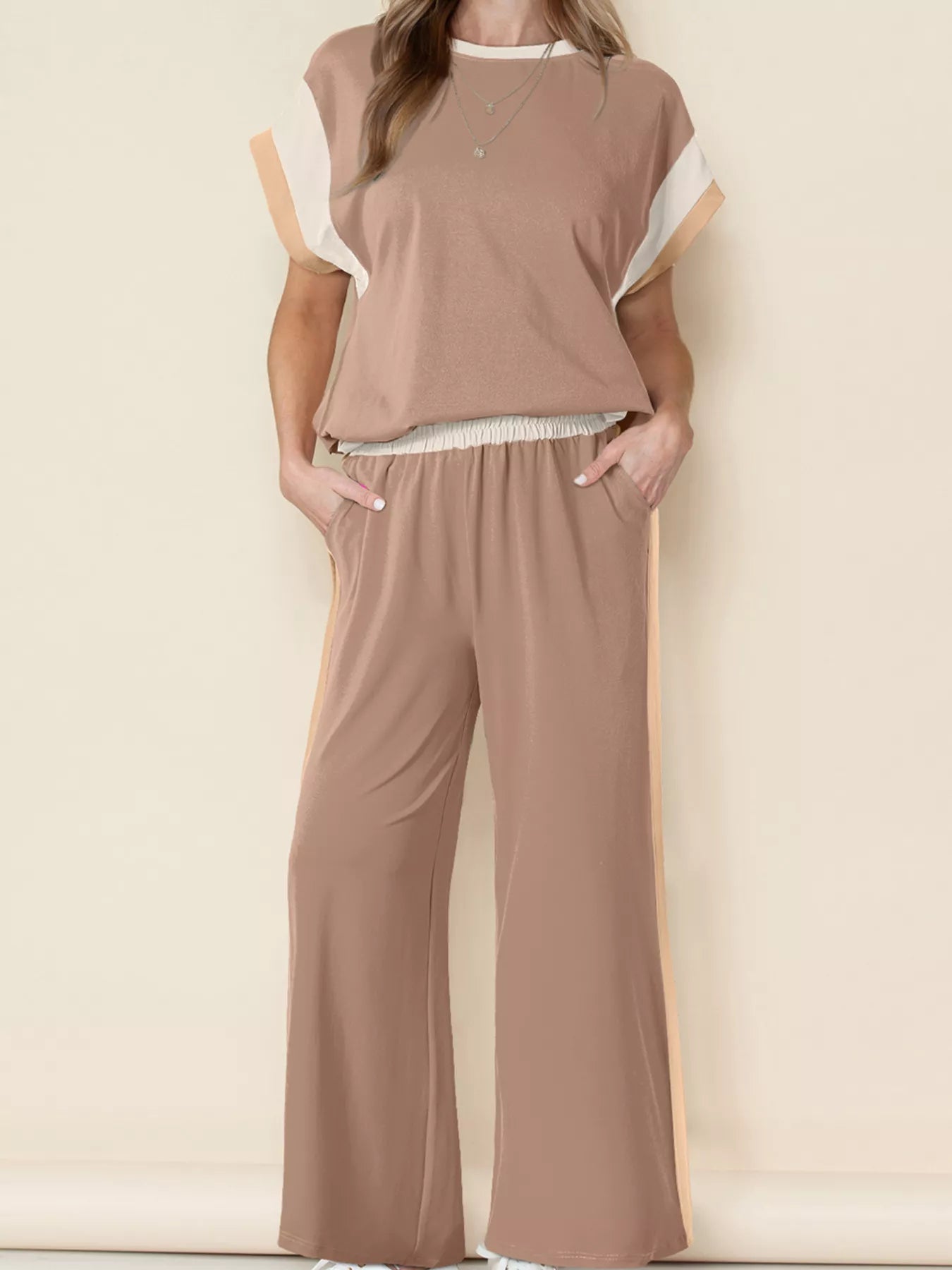 Color Block Detail Casual Two-piece Set Camel OutfitFlow