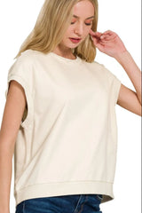 Zenana French Terry Round Neck Cap Sleeve T-Shirt BONE OutfitFlow