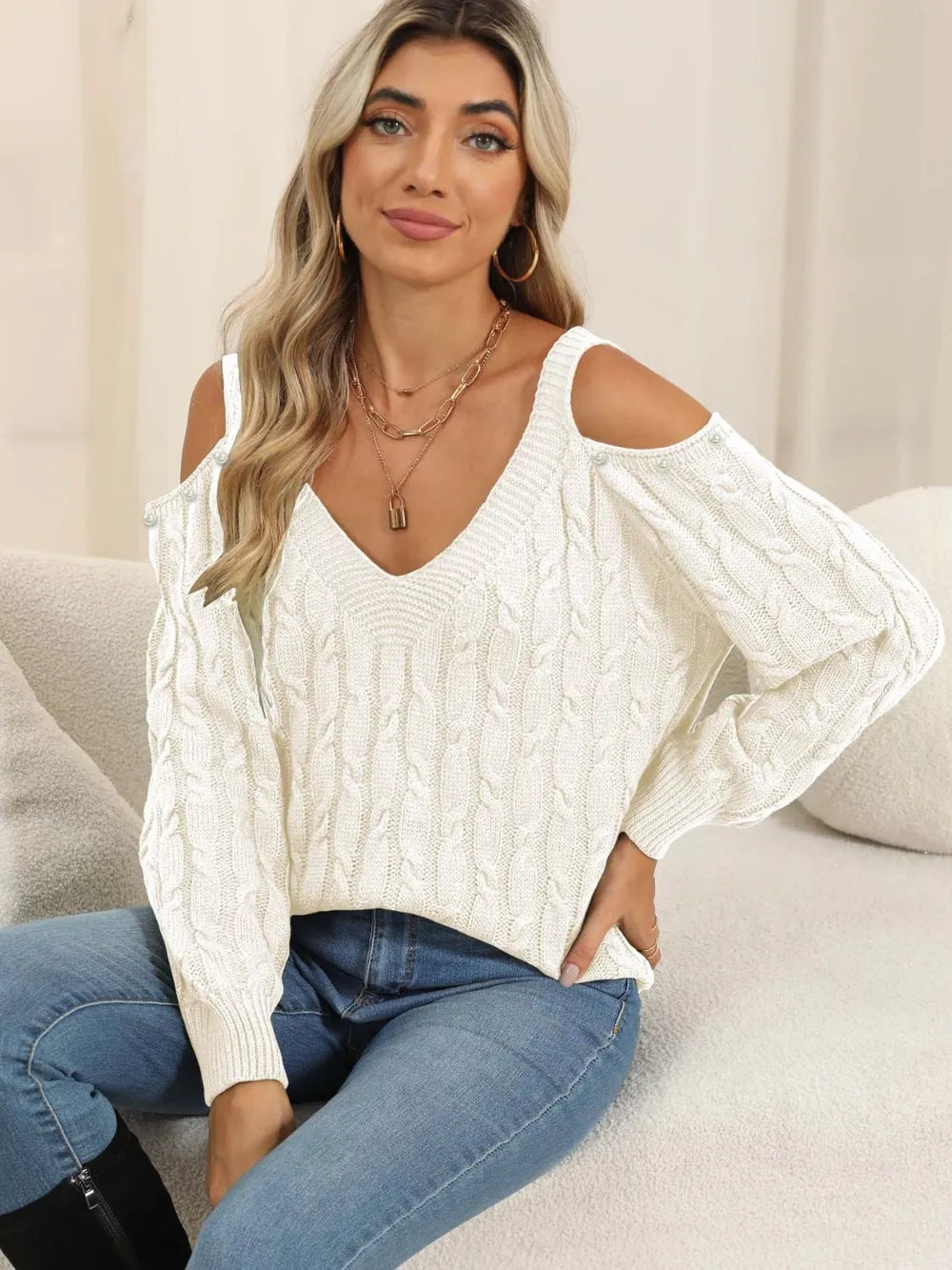 Cable-Knit Cold Shoulder Sweater White OutfitFlow