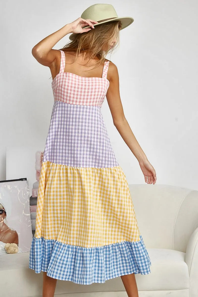 BiBi Color Block Tiered Gingham Dress OutfitFlow