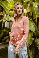 BiBi Mir Solid Raw Edge Neckline Thumb Opening Top OutfitFlow