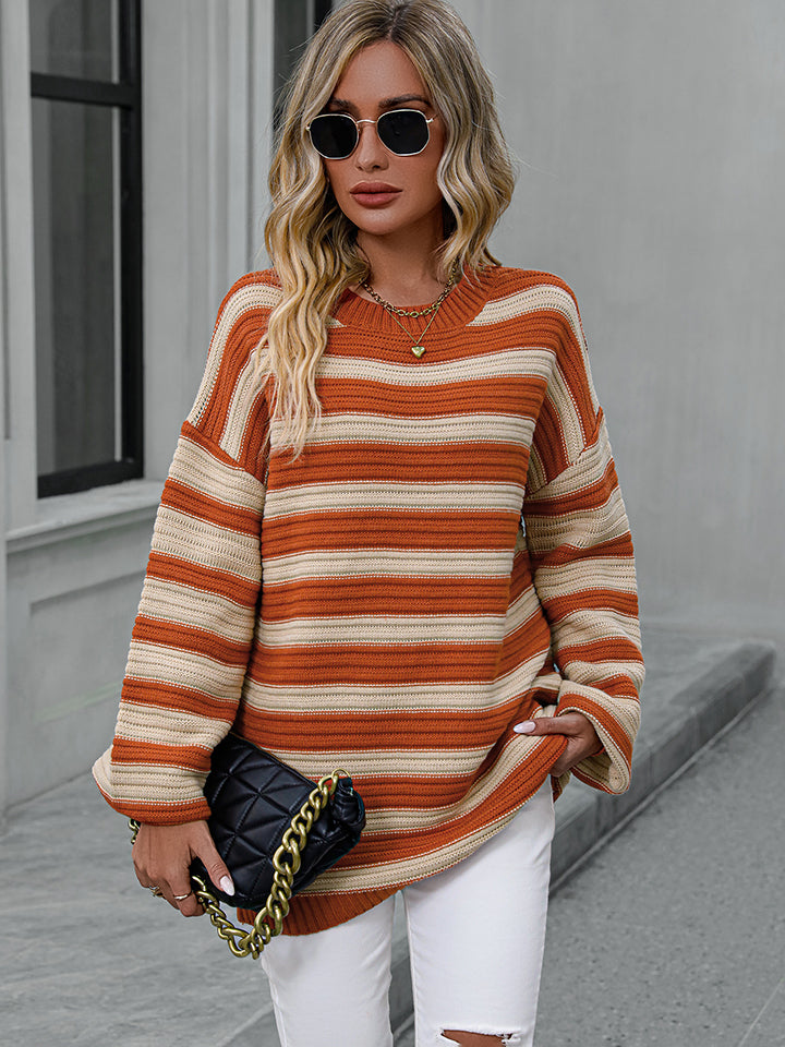 Striped Dropped Shoulder Sweater Pumpkin OutfitFlow