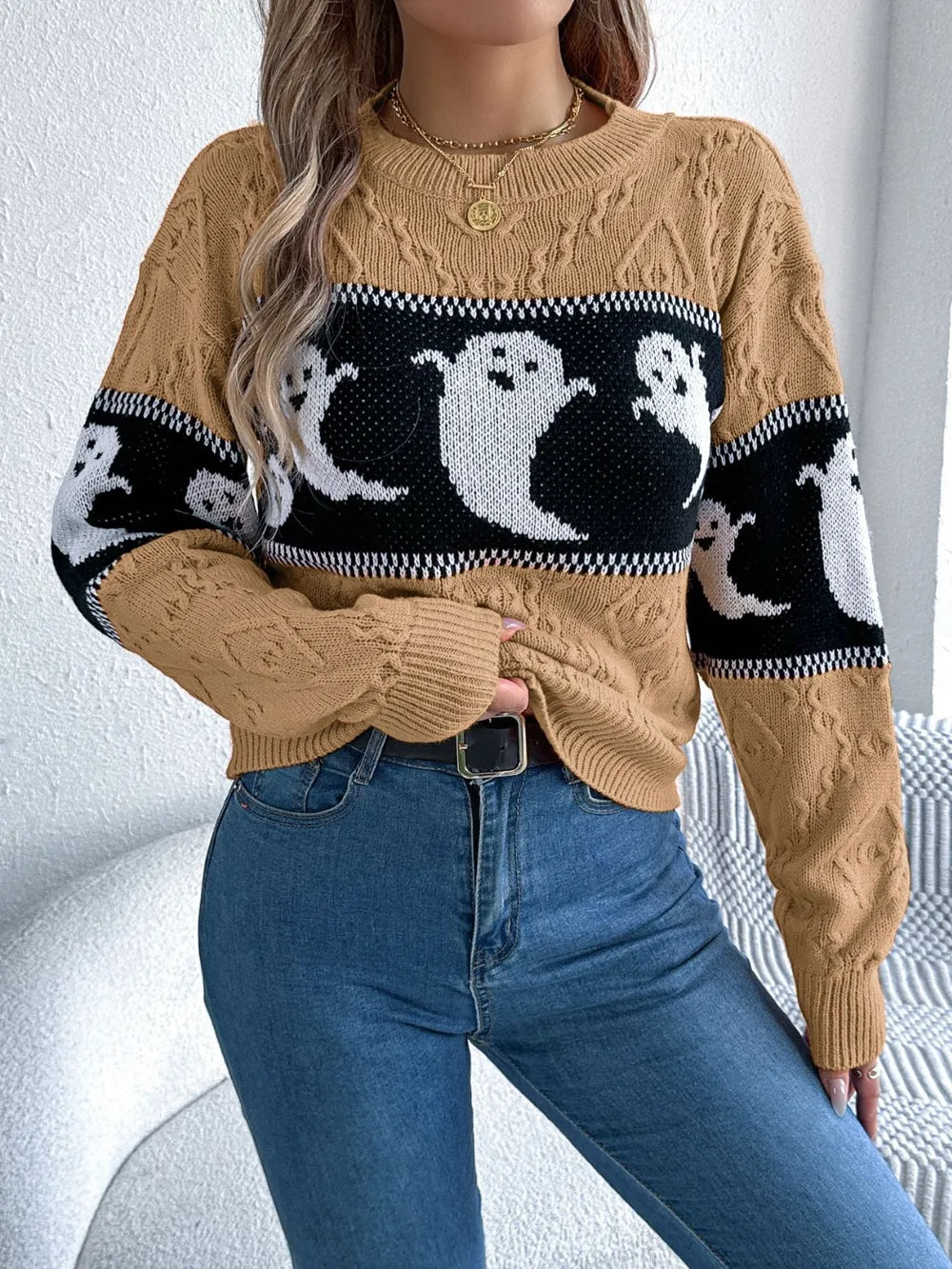 Ghost Round Neck Long Sleeve Sweater OutfitFlow