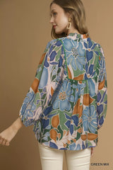 Umgee Multicolor Abstract Floral Print Blouse with Ruffle Neck OutfitFlow