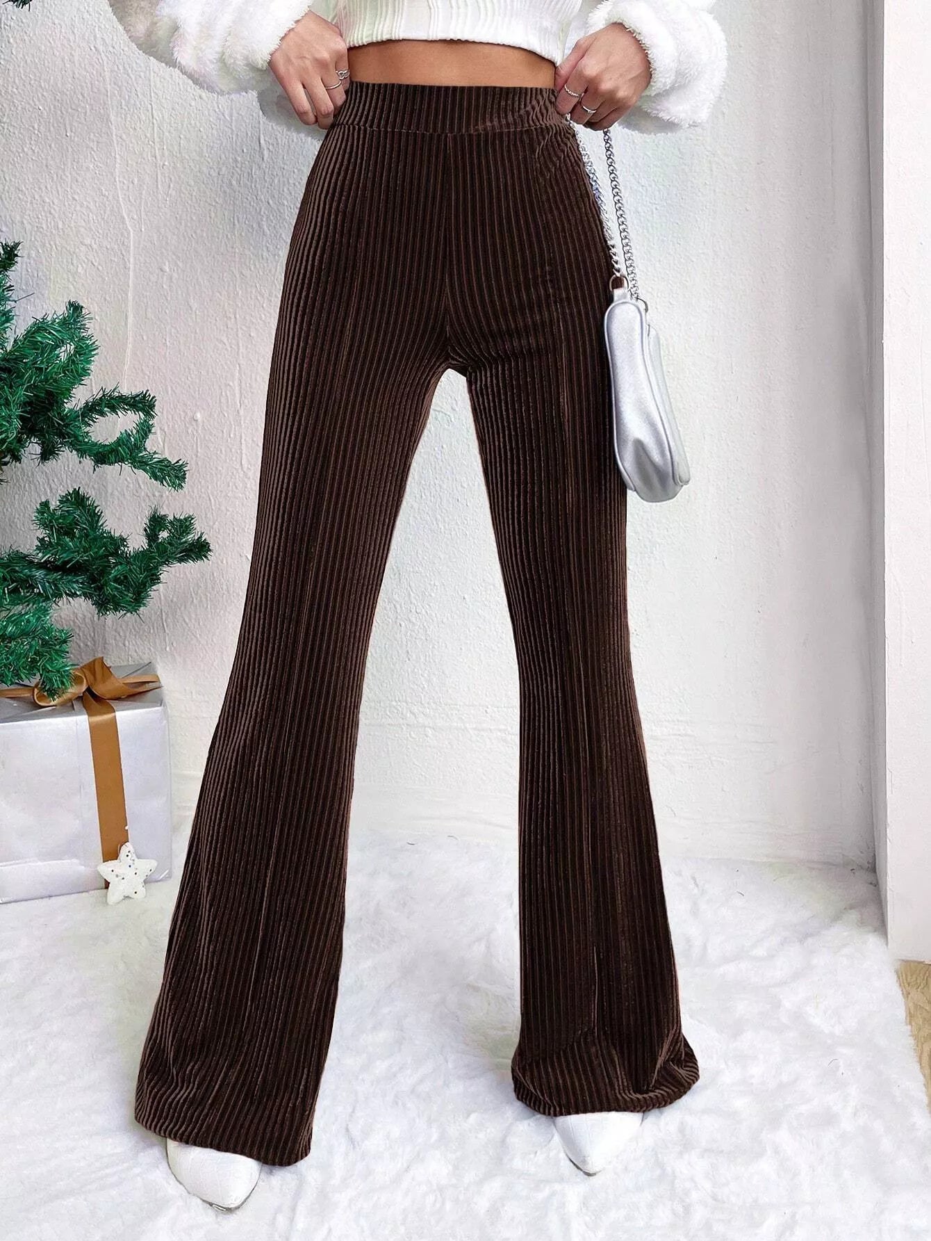 Corduroy High Waist Flare Pants Dark Brown OutfitFlow