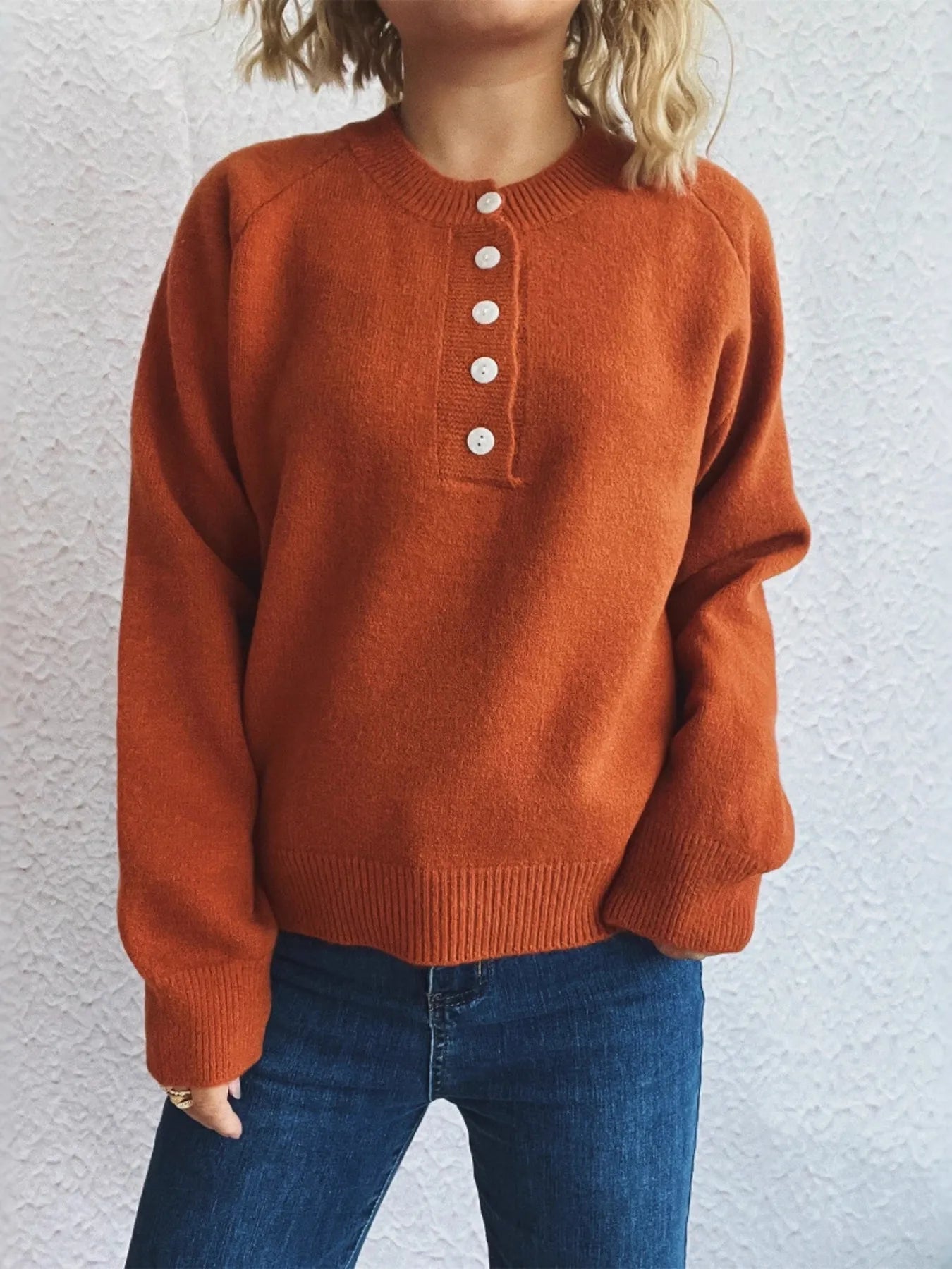 Button-Front Long Sleeve Sweater OutfitFlow