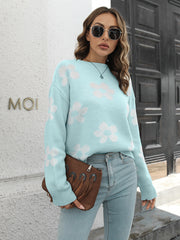 Floral Dropped Shoulder Sweater Pastel Blue OutfitFlow