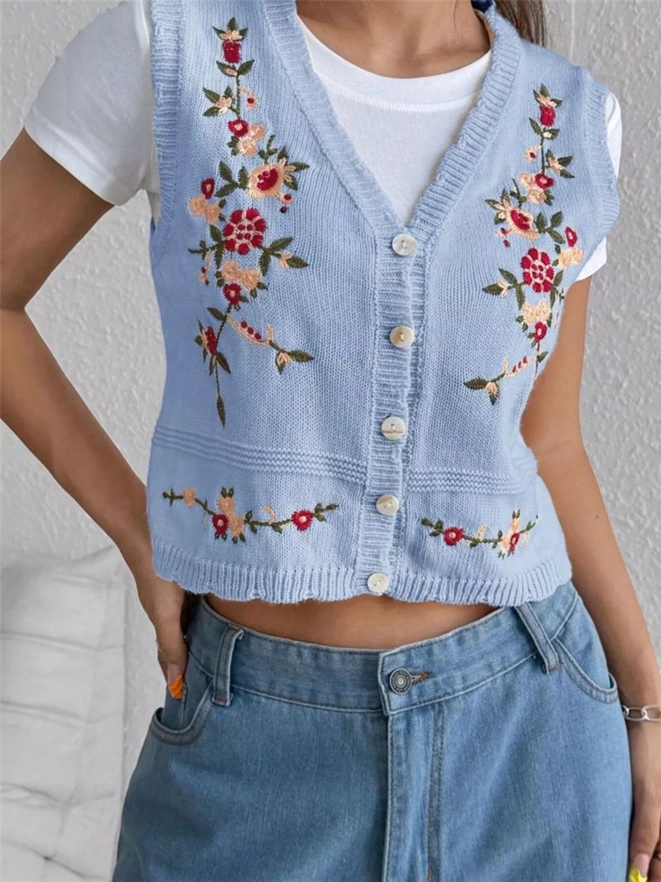 Embroidered Button Up Sweater Vest Light Blue OutfitFlow