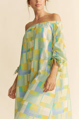 Davi & Dani Printed Off Shoulder Drawstring Sleeve Mini Dress OutfitFlow