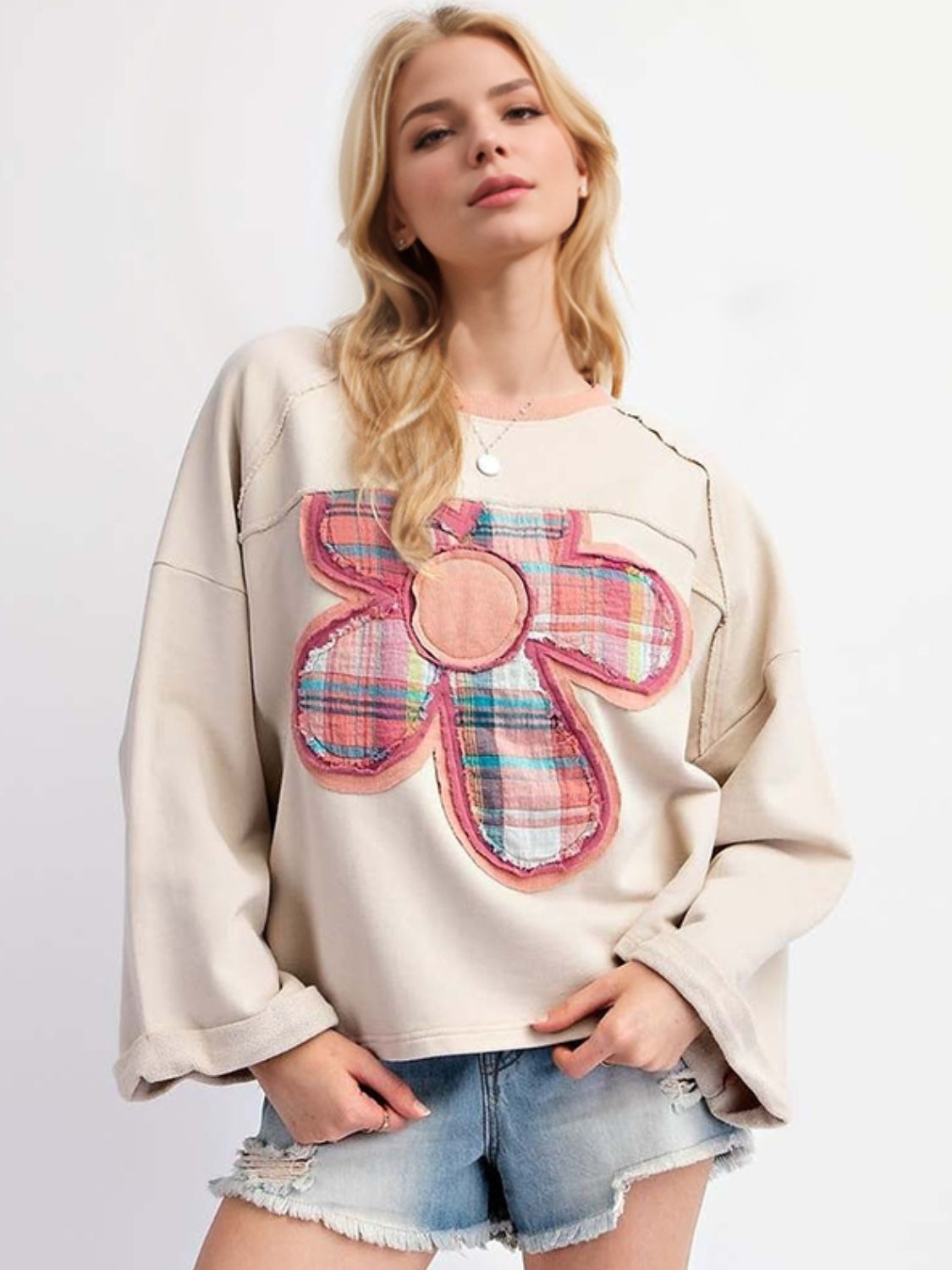 Outfit Flow - Flower Patch Plaid Round Neck Long Sleeve T-Shirt