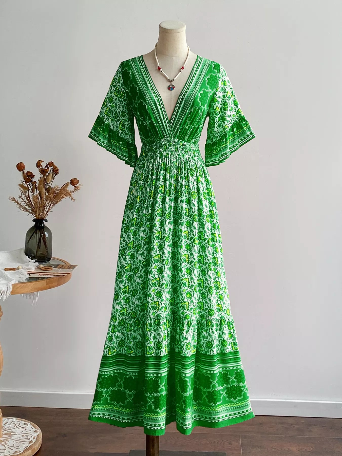 Floral Deep V-Neck Flutter Sleeves Dress OutfitFlow