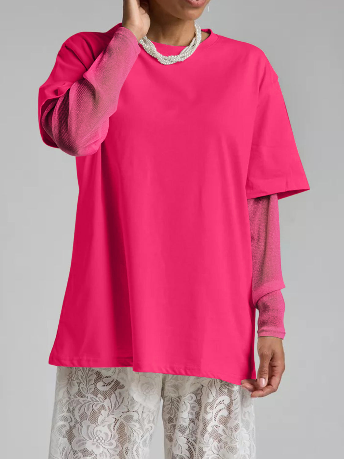 Faux Layered Round Neck Mesh Sleeve Top