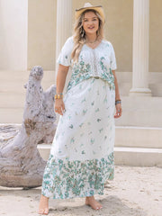 Plus Size Printed Lace Detail Short Sleeve Top and Skirt Set OutfitFlow