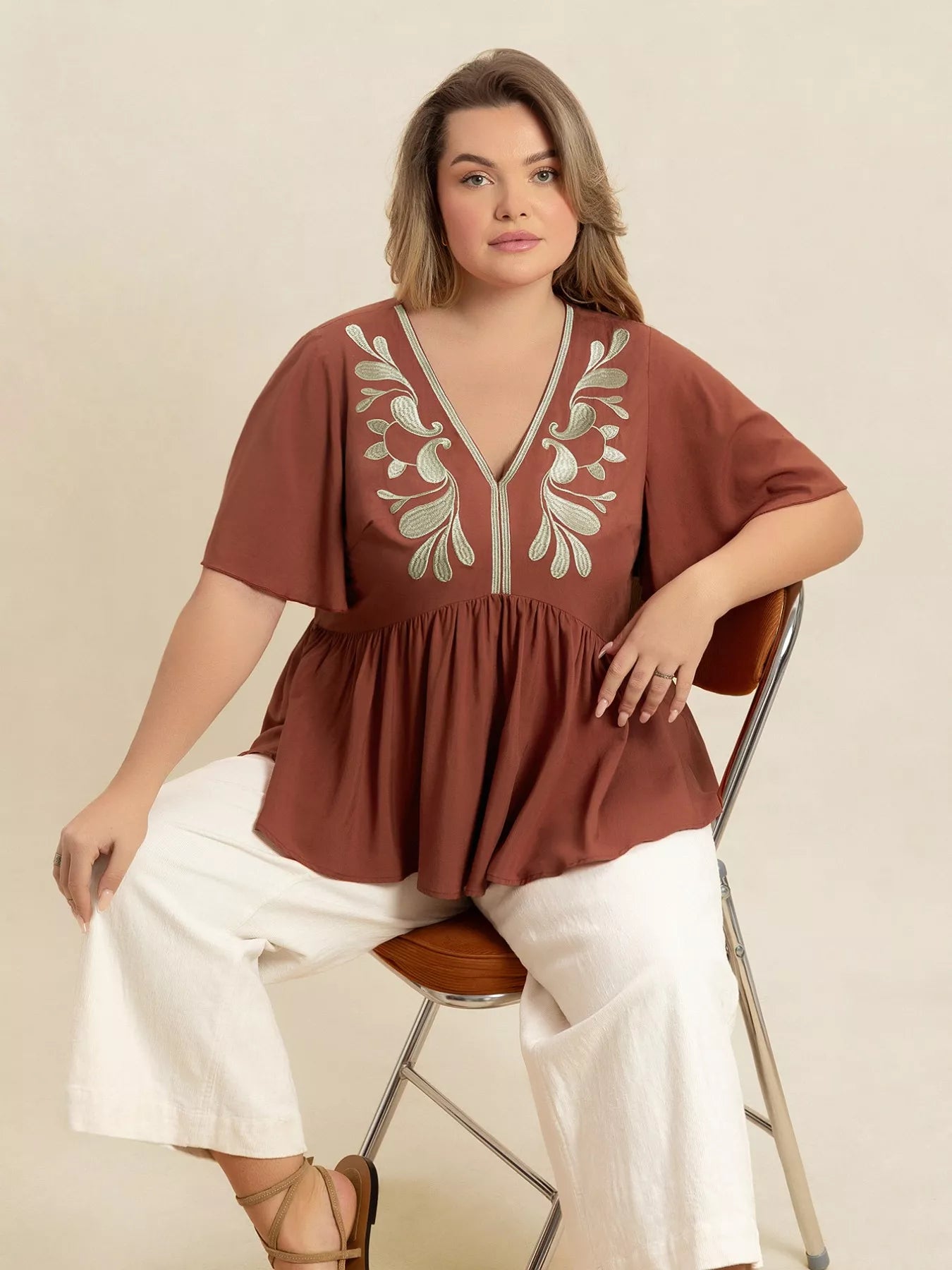 Plus Size Embroidered V-Neck Flutter Sleeve Blouse OutfitFlow