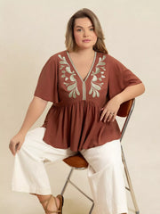 Plus Size Embroidered V-Neck Flutter Sleeve Blouse OutfitFlow