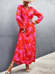 Floral Drawstring Waist Long Sleeve Maxi Dress OutfitFlow