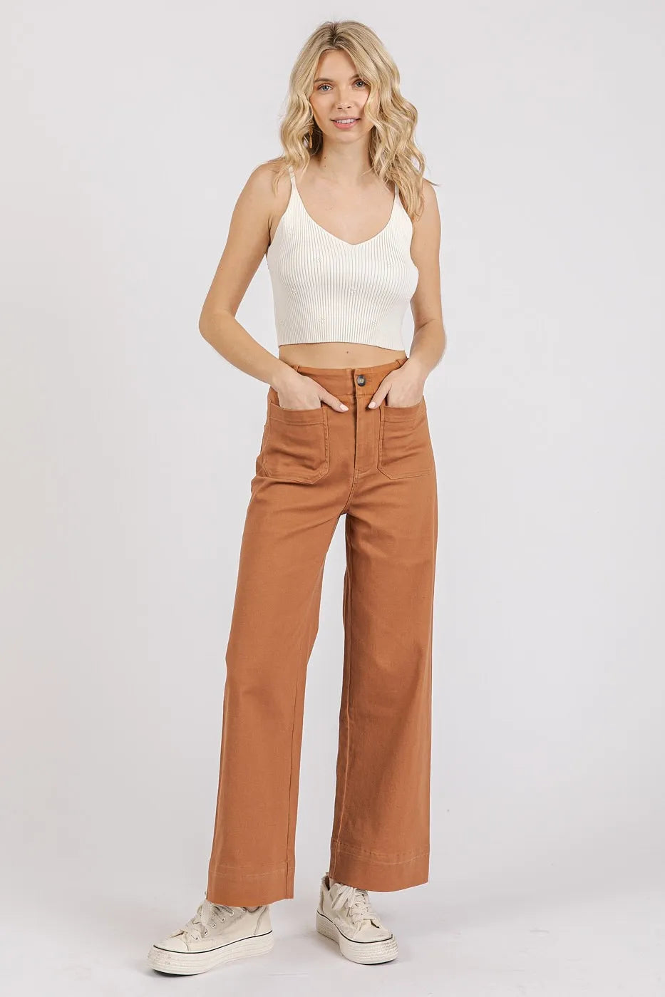 Mittoshop Twill Patch Pocket High Rise Wide Leg Pants OutfitFlow