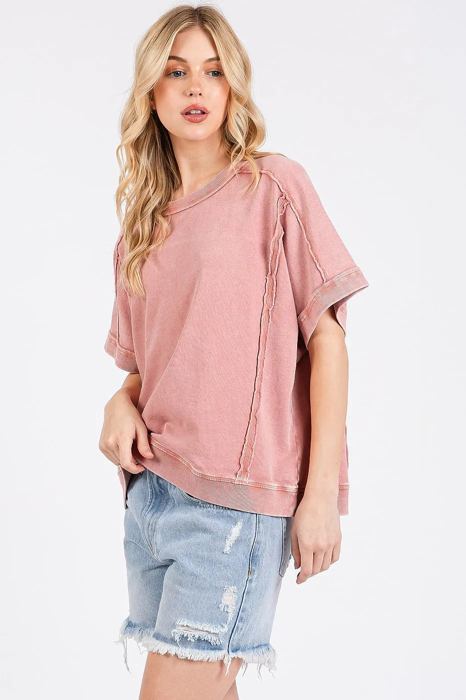 Mittoshop Mineral Wash French Terry Crew Neck Casual Top OutfitFlow