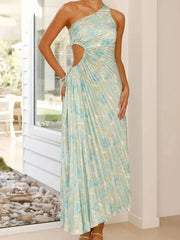 Full Size Single Shoulder Pleated Midi Dress Plus Size Gum Leaf OutfitFlow