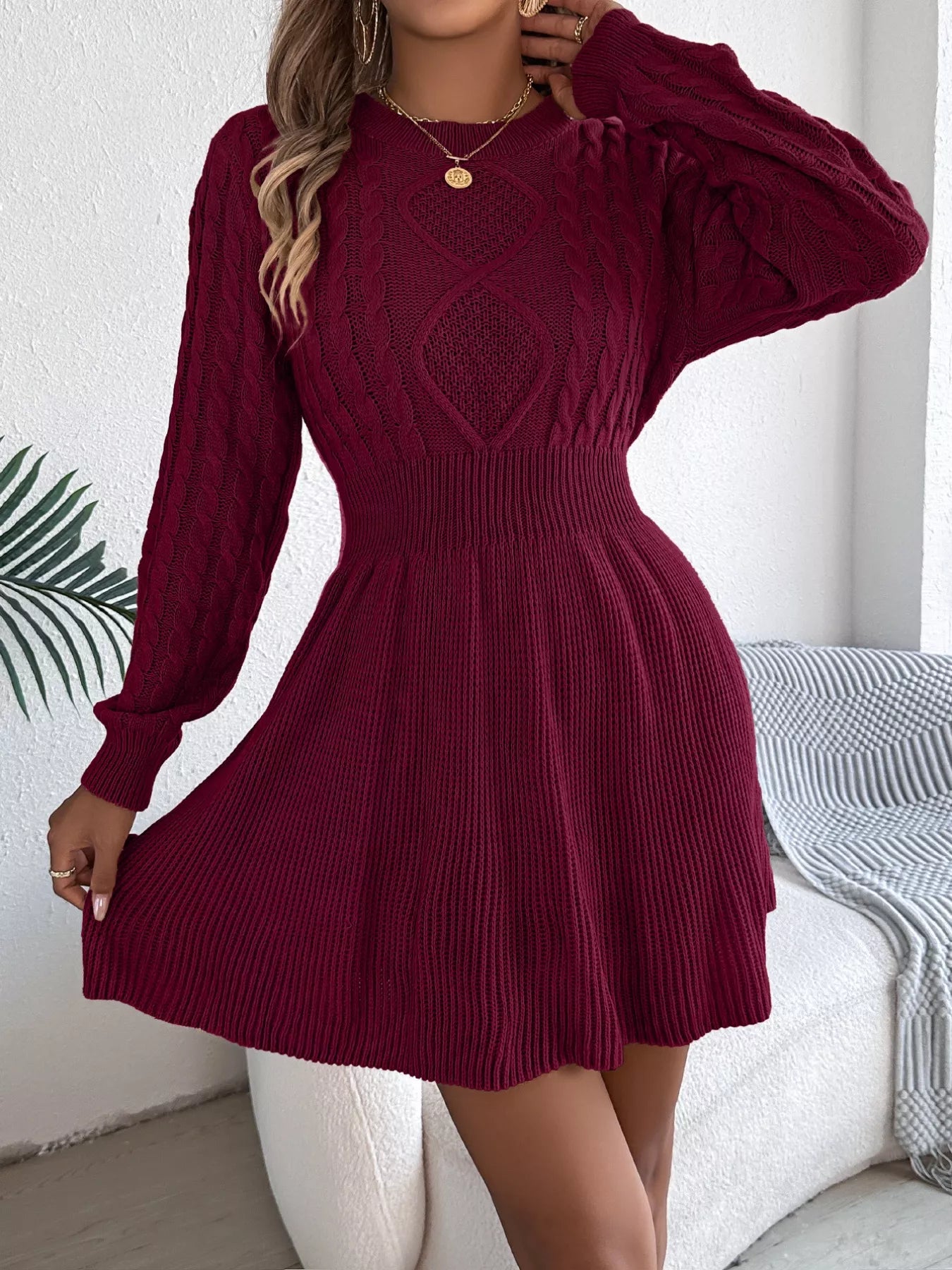 Cable Knit Long Sleeve Sweater Dress Burgundy OutfitFlow