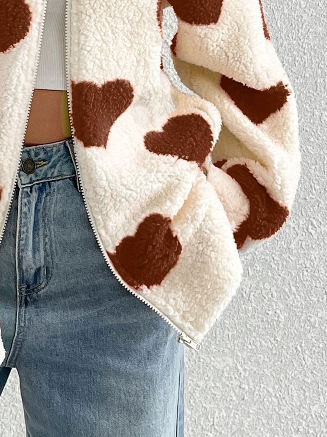 Outfit Flow - Heart Zip Up Drop Shoulder Furry Jacket