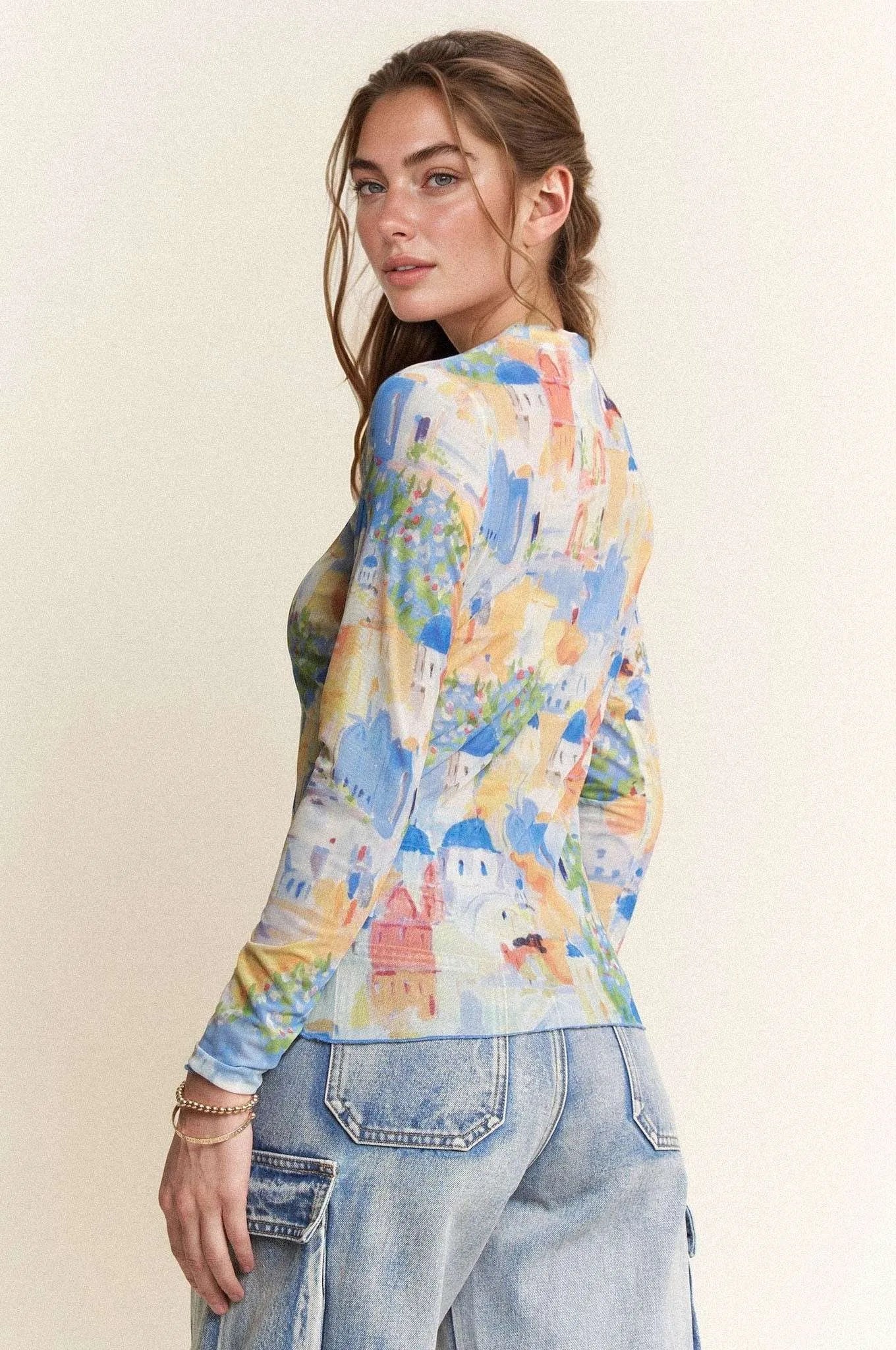 Davi & Dani Multi Printed Mesh Round Neck Long Sleeve Top OutfitFlow